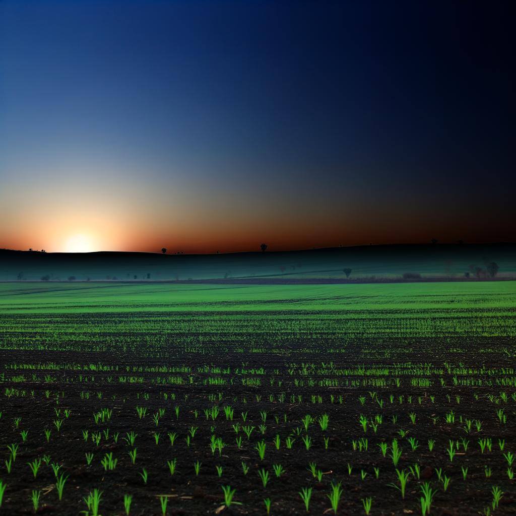 A field with seedlings where a suns first light is seen, but not the sun itself as it has not yet risen over the horizon